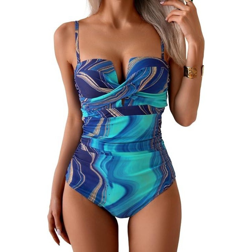 Eomenie Womens Blue Marble Push Up‎ Ruched One Piece Swimsuit Size XL NWT